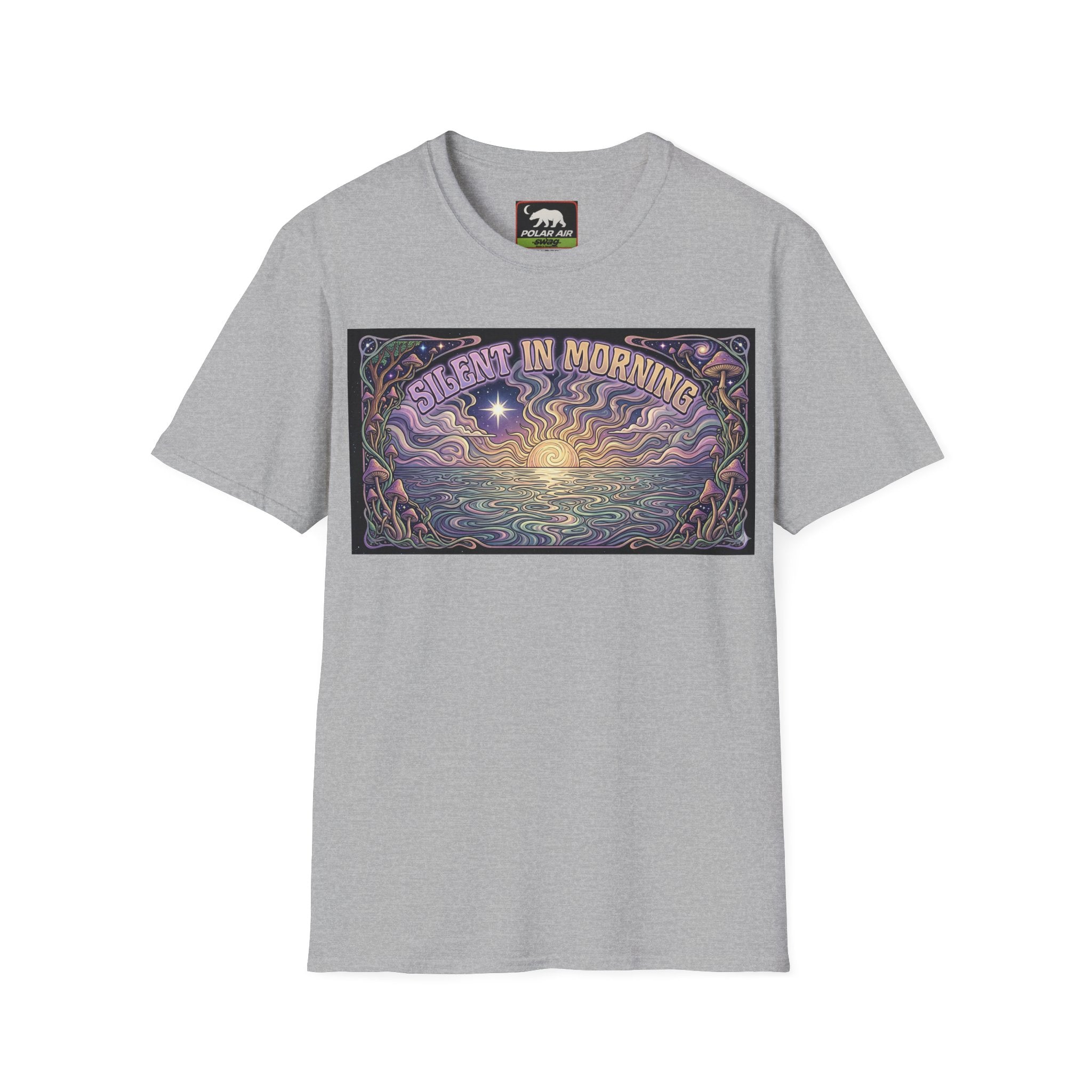 Sunrise Artwork T-Shirt — "Silent in Morning" Retro Psychedelic Dawn Tee
