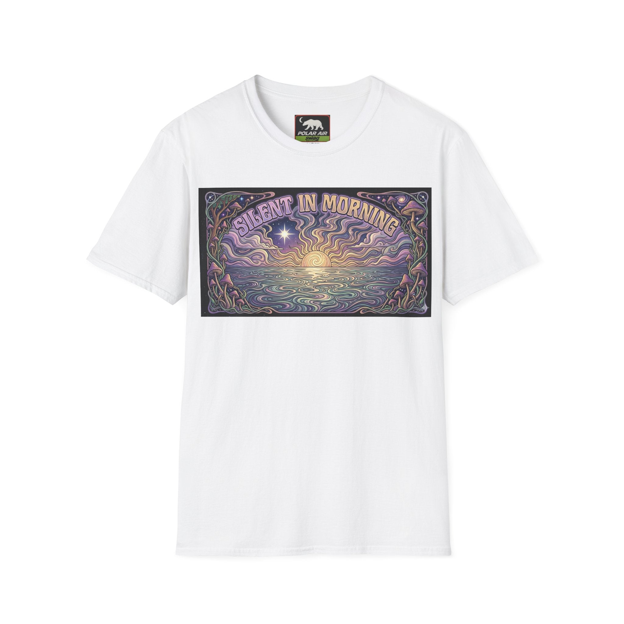 Sunrise Artwork T-Shirt — "Silent in Morning" Retro Psychedelic Dawn Tee