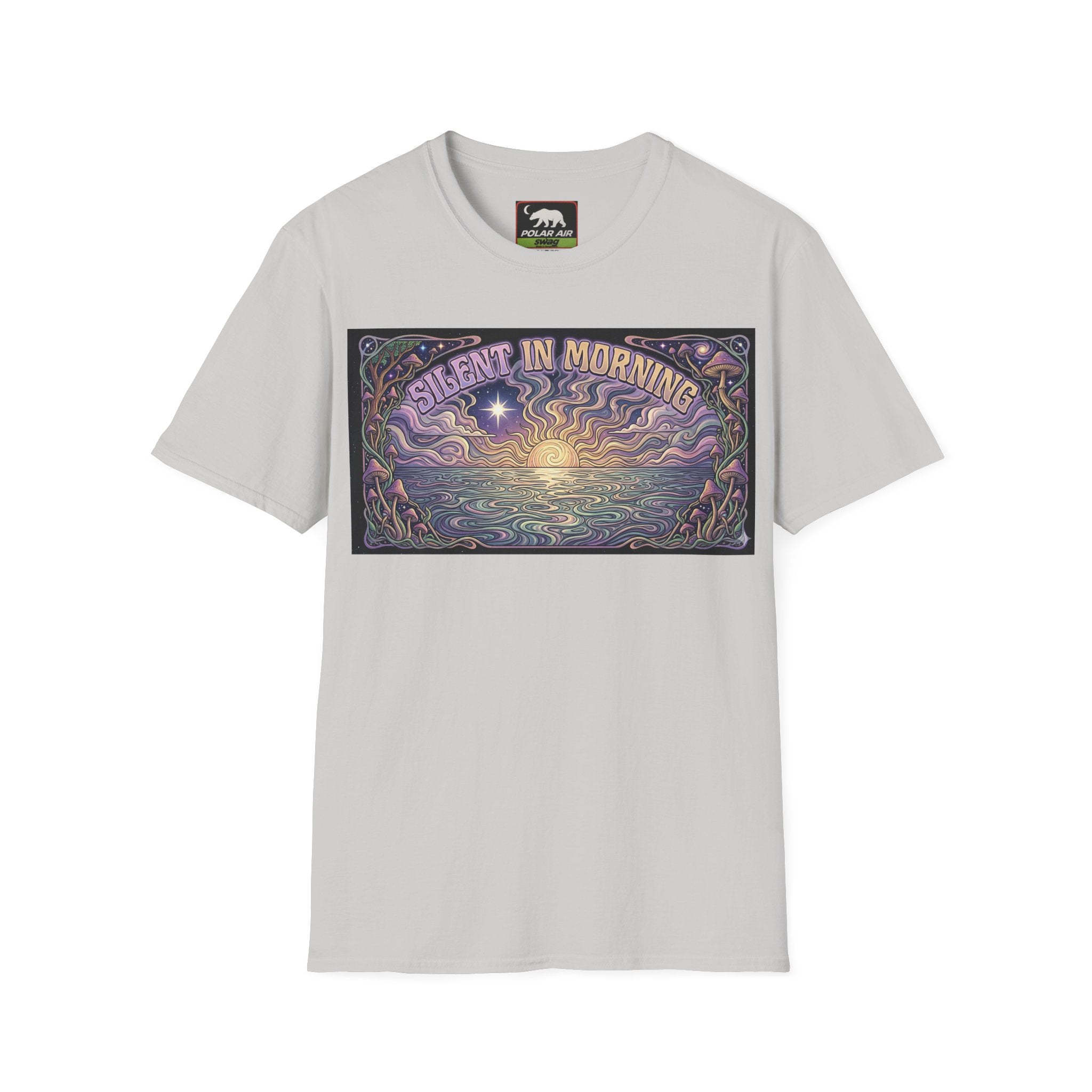 Sunrise Artwork T-Shirt — "Silent in Morning" Retro Psychedelic Dawn Tee