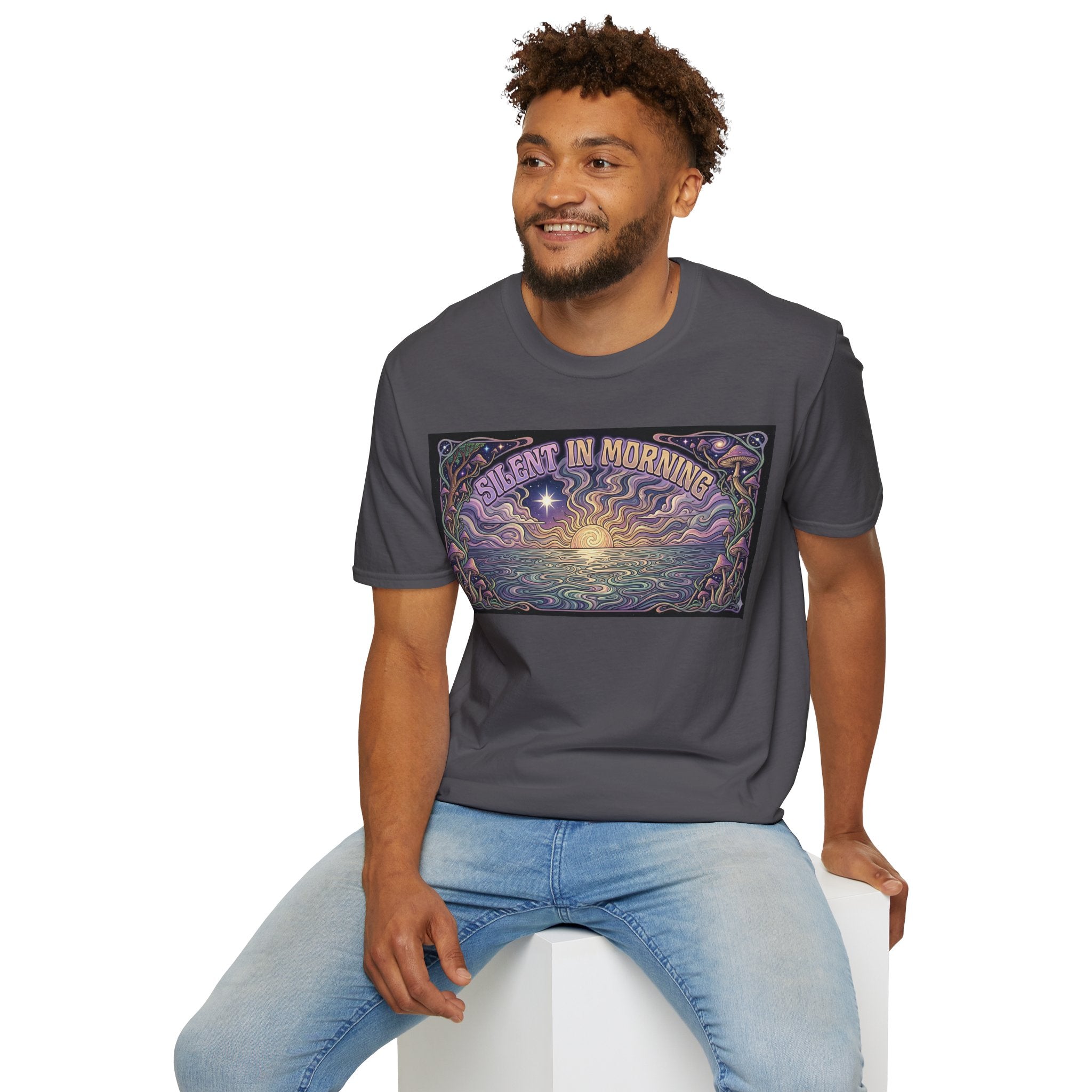 Sunrise Artwork T-Shirt — "Silent in Morning" Retro Psychedelic Dawn Tee